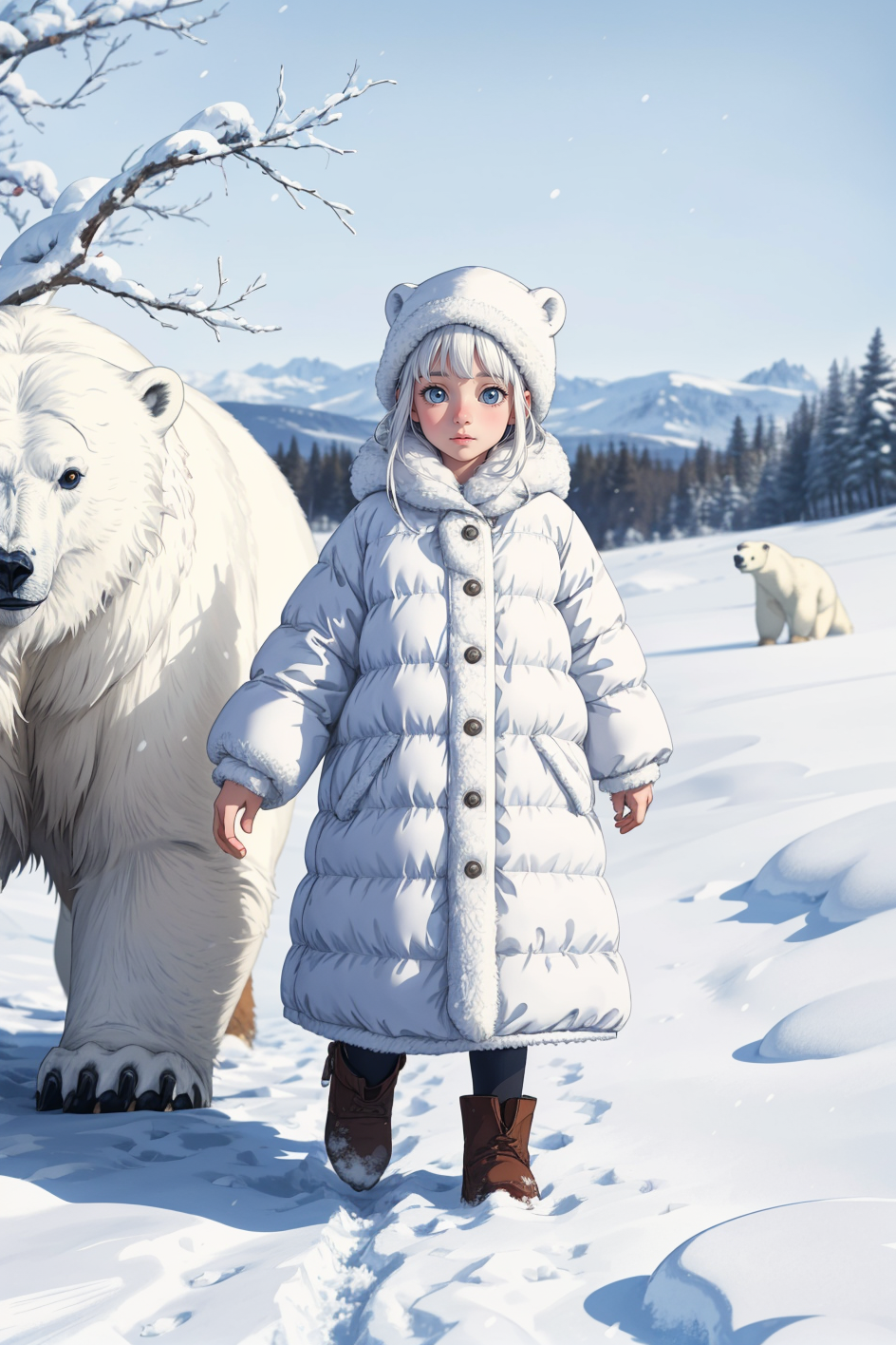 09095-2454619023-Children's Illustration Style, On a snowy day, a girl is with a polar bear. cinematic photo, 4k, highly detailed, uhd image, int.png